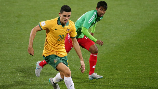 Canberra-born Socceroo Tom Rogic on the ball against Bangladesh.