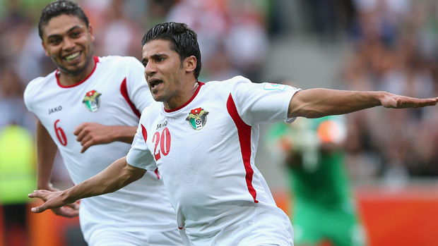 Jordan's Hamza Al Dardour celebrates a goal at the 2015 Asian Cup.