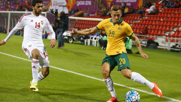 Olyroos defender Alex Gersbach whips in a cross against the UAE at the AFC U-23 Championship.