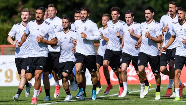 The German team trains in Russia ahead of their Confeds Cup opener against the Caltex Socceroos.