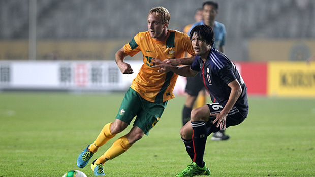 Mitch Nichols in action when the Socceroos played Japan at last year's EAFF East Asian Cup.