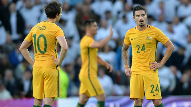 Socceroos striker Jamie Maclaren in his debut appearance in the green and gold against England.