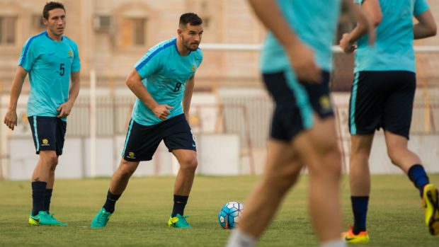 Caltex Socceroos defender Bailey Wright on the training ground in Jeddah.