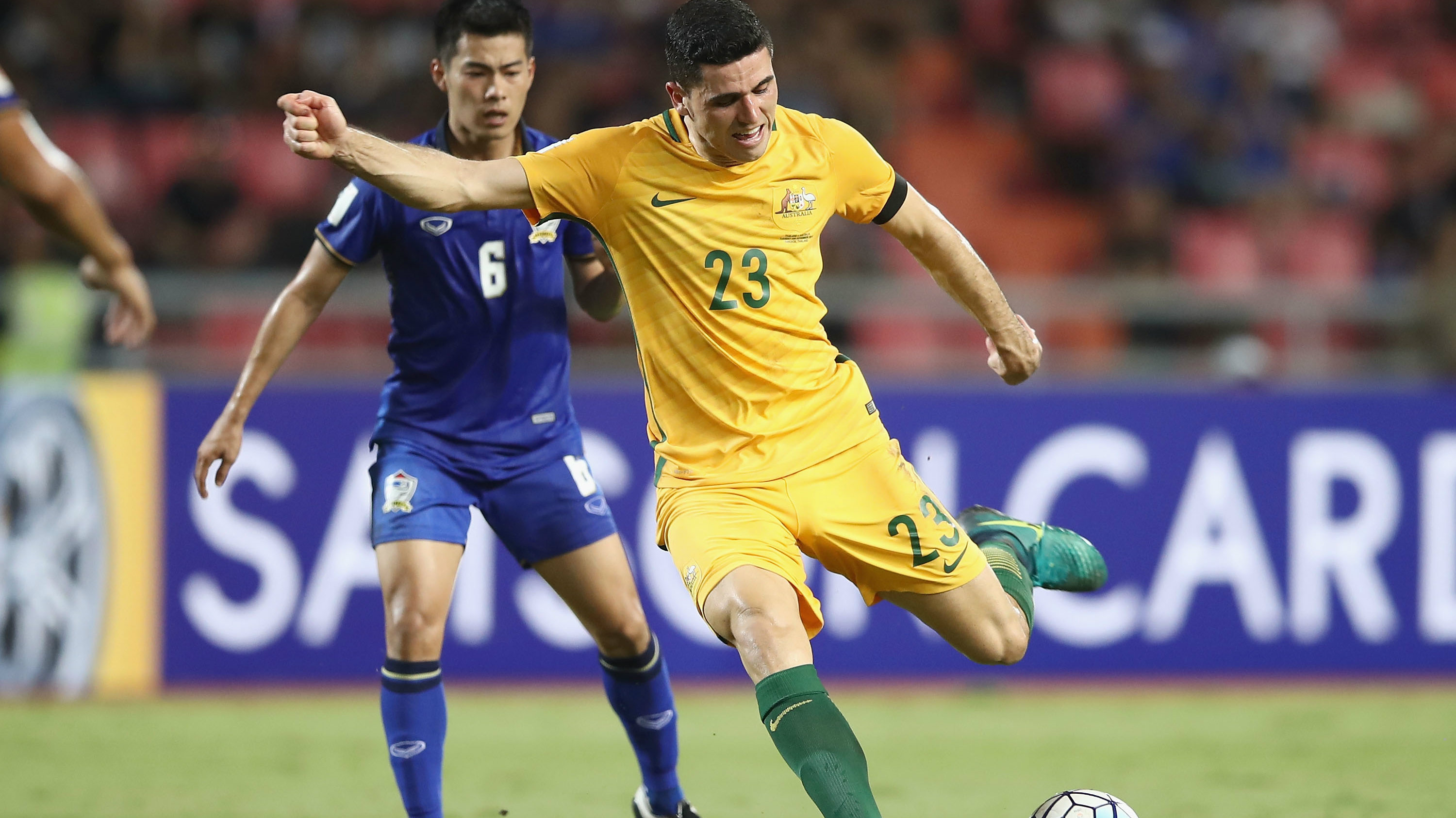 Caltex Socceroos star Tom Rogic on the ball during Australia's 2-2 draw with Thailand in November.