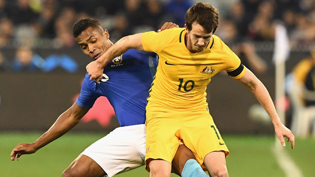 Robbie Kruse on the ball during Australia's 4-0 loss to Brazil.