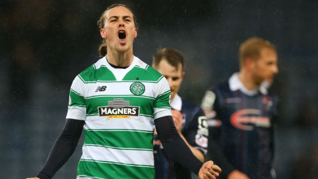 Ross County's Jackson Irvine celebrates his side's win over Celtic in the Scottish League Cup having swapped strips at full-time.