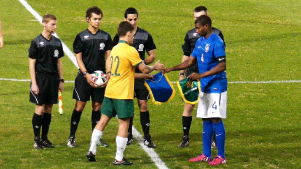 The Young Socceroos and Brazil U-20's captains before kick-off at WIN Stadium.
