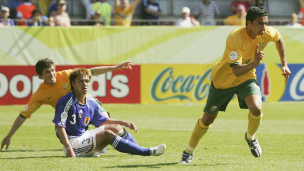 Tim Cahill celebrates scoring against Japan at the 2006 FIFA World Cup.
