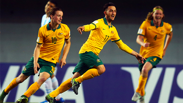 Nicholas Panetta celebrates scoring his second goal against Argentina to seal Australia's win