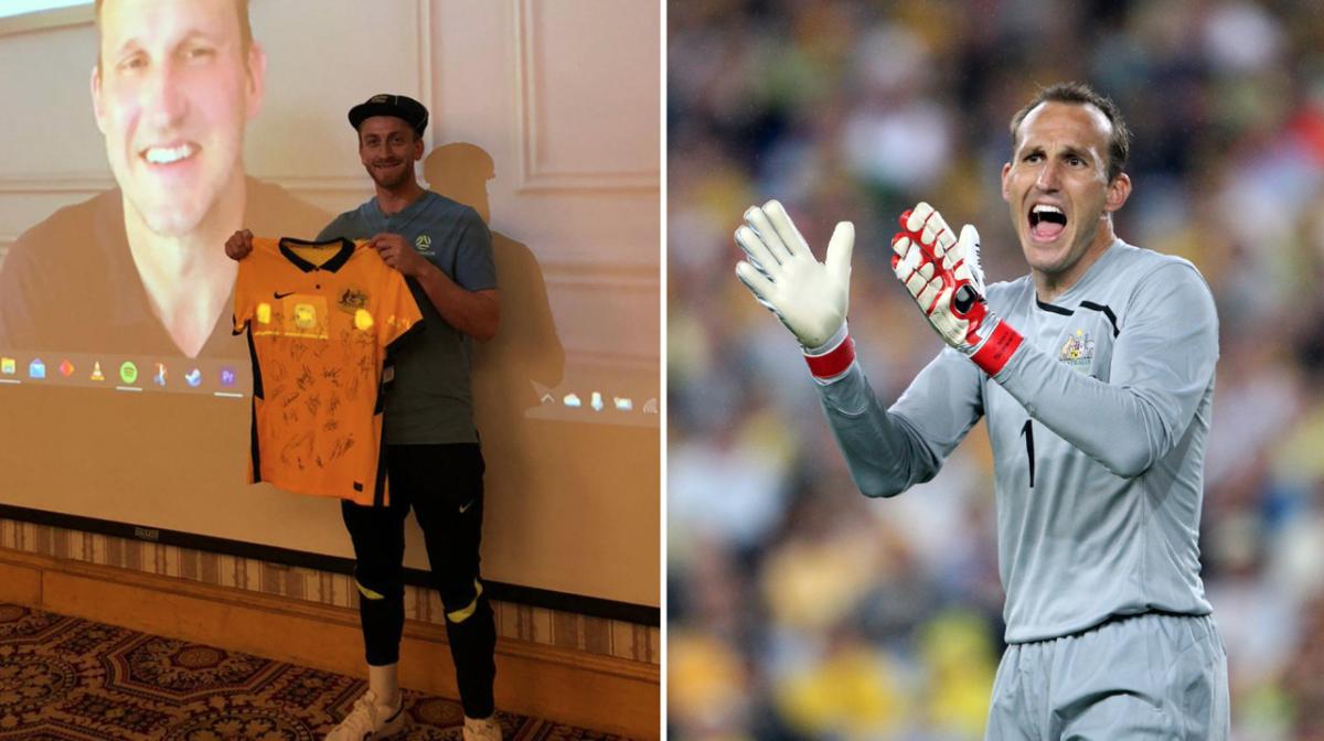 Mark Schwarzer presents Lawrence Thomas with maiden Socceroos cap