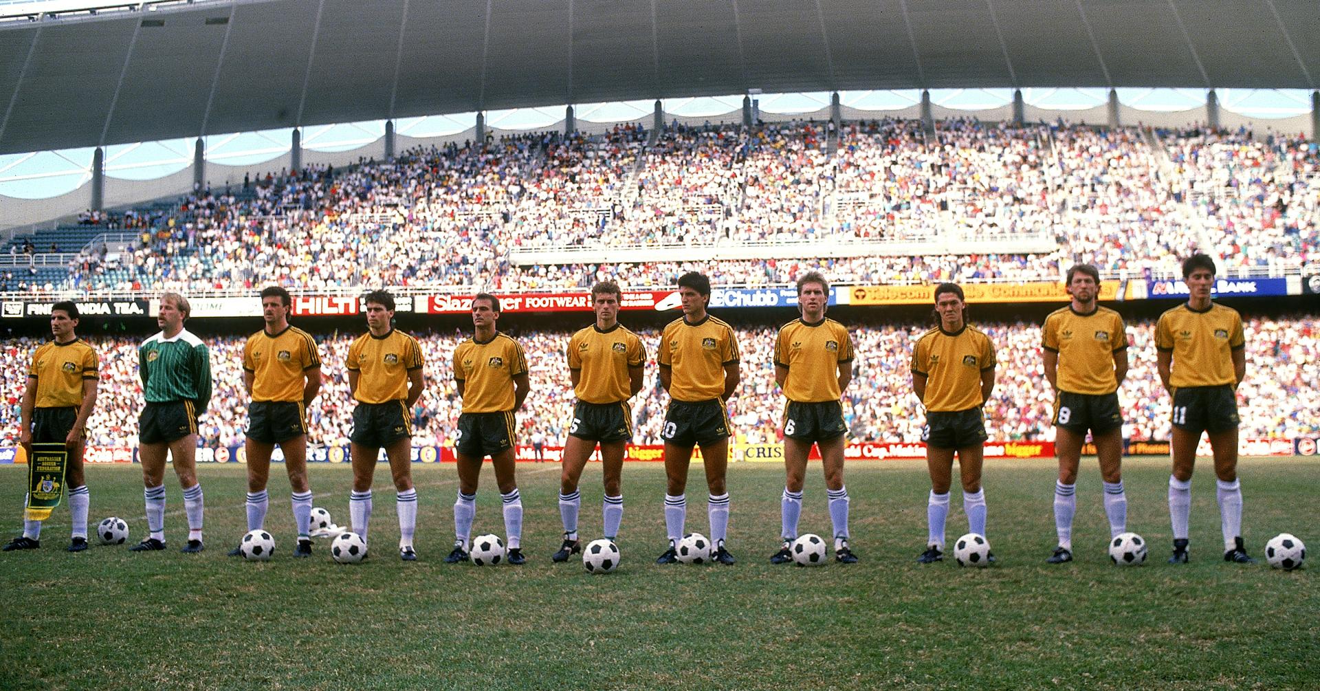 Paul Wade lines up for the anthem - Socceroos versus Argentina 1988