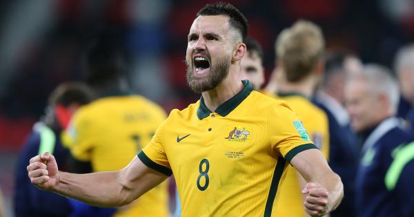 Bailey Wright celebrates the Socceroos World Cup Playoff win