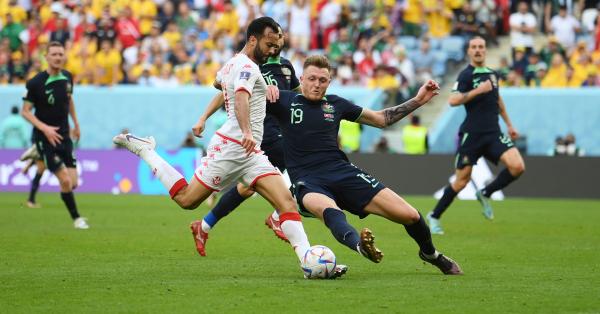 Harry Souttar makes a last ditch tackle to deny Tunisia on the counter at the FIFA World Cup Qatar 2022