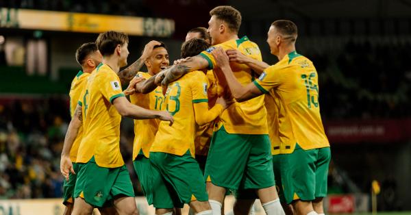 The Socceroos celebrate a goal during their 7-0 win over Bangladesh in November 2023