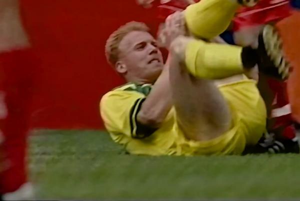 Robbie Slater is taken out early during Canada FIFA World Cup 1994 play-off