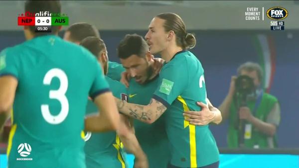 GOAL: Mathew Leckie heads Socceroos into lead within six minutes | Australia v Nepal
