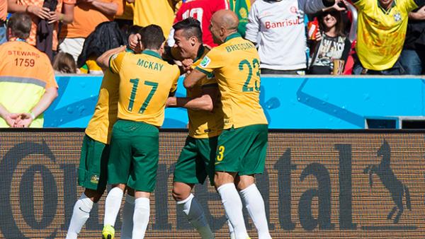 The Socceroos celebrate after Tim Cahill netted a spectacular equaliser against the Netherlands.