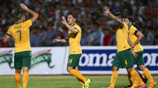 The Socceroos celebrate Tommy Oar's second-half goal against Kyrgyzstan.