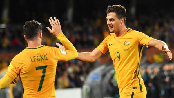 Tomi Juric celebrates one of his two goals in Australia's win over Saudi Arabia.