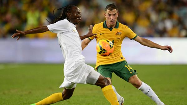 James Troisi vies for the ball in Australia's international against South Africa.