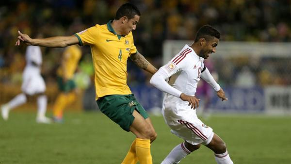 Cahill battles for possession with UAE's Khamis Esmaeel.