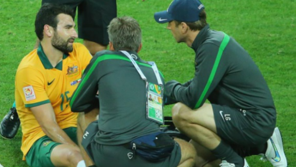 Socceroos captain Mile Jedinak after rolling his ankle against Kuwait.