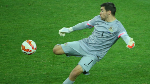 Socceroos goalkeeper Mat Ryan clears the ball against Kuwait.