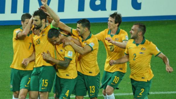 The Socceroos celebrate captain Mile Jedinak converting from the spot in the win over Kuwait.