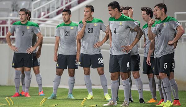The Socceroos in training in Doha ahead of match against Qatar.
