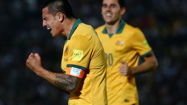 Captain Cahill shows his emotion after scoring his second goal close to full-time, the Socceroos running out 3-0 winners.