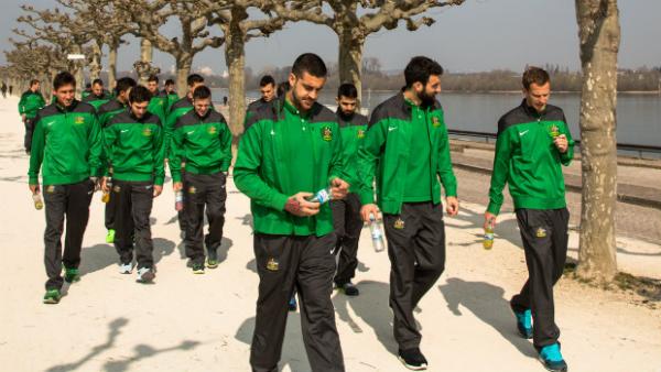 The Socceroos take part in their traditional team walk ahead of Germany kick-off.