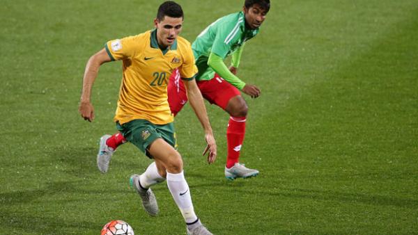 Tom Rogic in action against Kyrgyzstan in Perth.