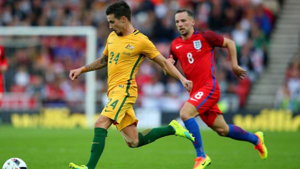 Jamie Maclaren on the ball during the Socceroos' 2-1 loss to England.
