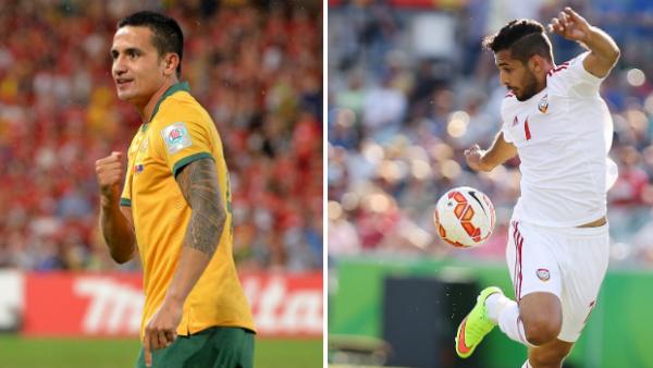 Australia's Tim Cahill and United Arab Emirates' Ali Mabkhout at the Asian Cup.