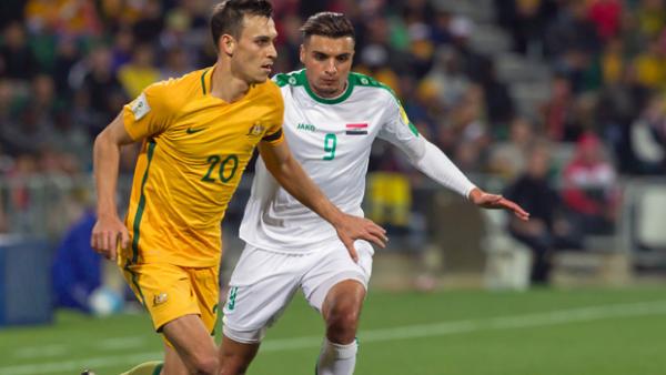 Trent Sainsbury on the ball during the Socceroos' 2-0 win over Iraq.