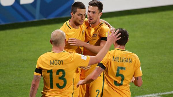 Tomi Juri celebrates after scoring Australia's second goal against Iraq.