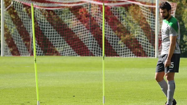 Socceroos captain Mile Jedinak on the training pitch in Belgium.