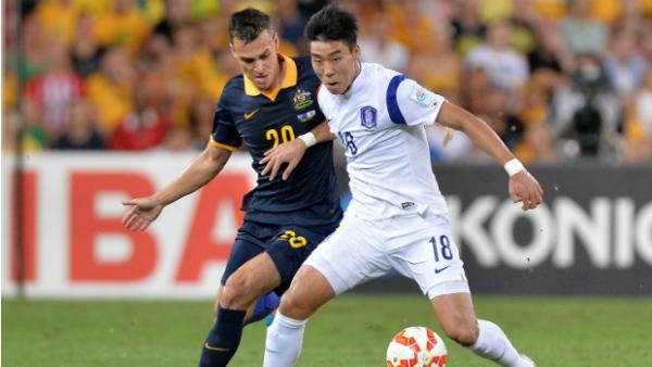 Korea Republic's goal scorer Lee Jeong-hyeop holds off Trent Sainsbury.