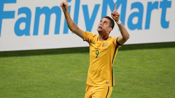 Tomi Juric celebrates after scoring  in Australia's WCQ win over Iraq in Perth.