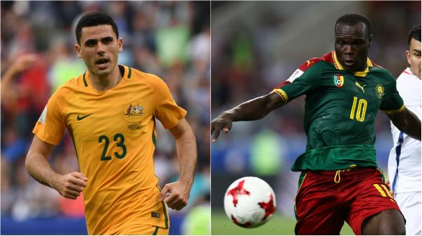 Caltex Socceroos playmaker Tom Rogic and Cameroon striker Vincent Aboubakar.