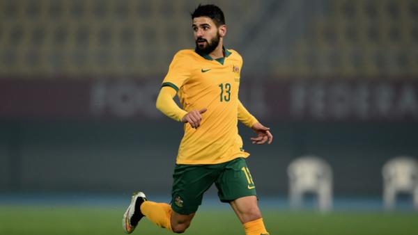 Aziz Behich on the ball during the Socceroos' recent friendly with FYR Macedonia.