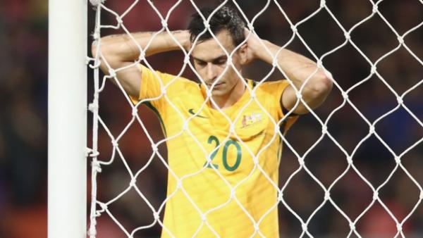 Defender Trent Sainsbury reacts to missing a chance against Thailand earlier this month.