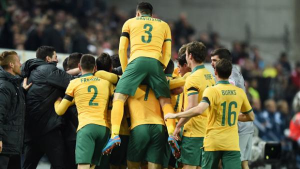 Socceroos players celebrate Mile Jedinak's goal against Germany.