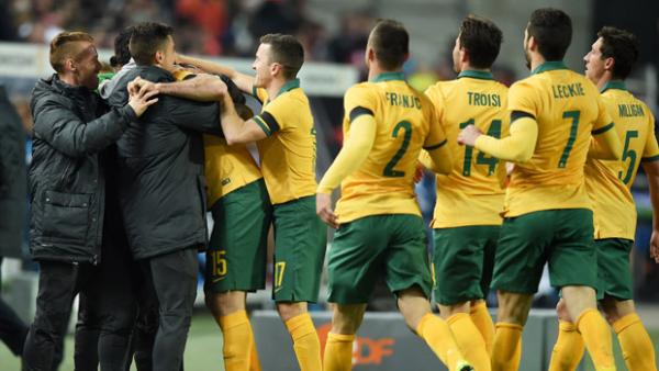 Socceroos players celebrate Mile Jedinak's second-half goal against Germany.