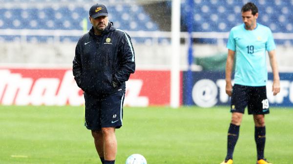 Ange Postecoglou looks on during a Caltex Socceroos training session in Japan.